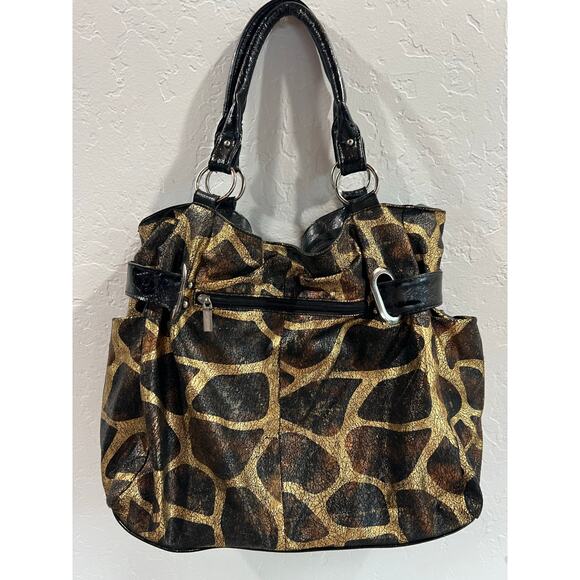 Giraffe Print Tote Bag with Black Trim Large Purse Satchel - Picture 3 of 15